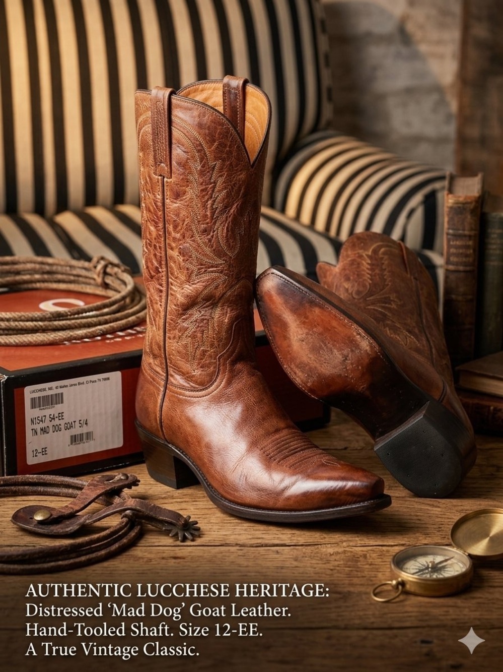 Lucchese N1547 Crayton Mad Dog Goat Leather Cowboy Boots Tan 12-EE